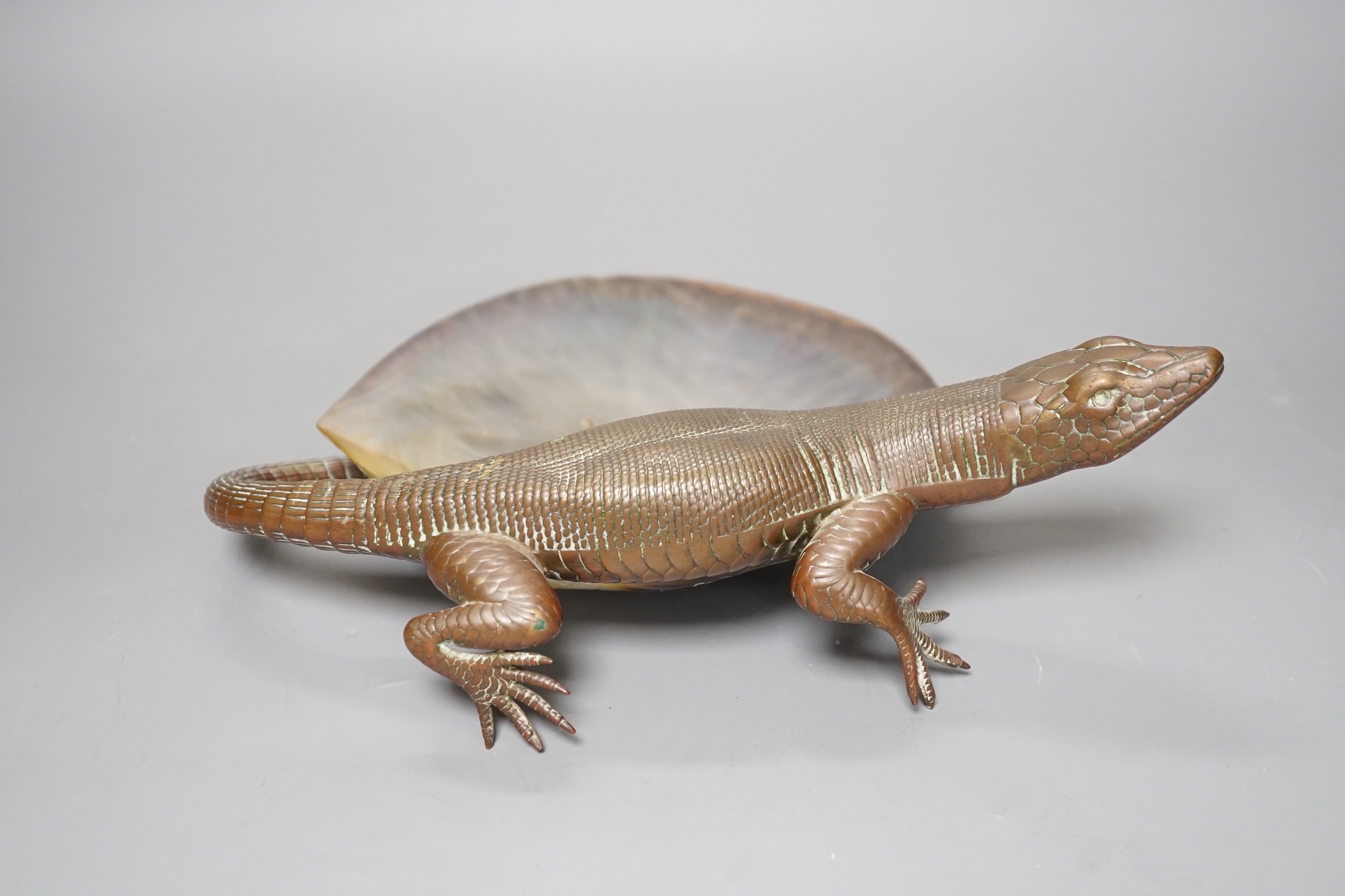 A late 19th century Japanese bronze 'lizard' and mother of pearl dish, 26cm
